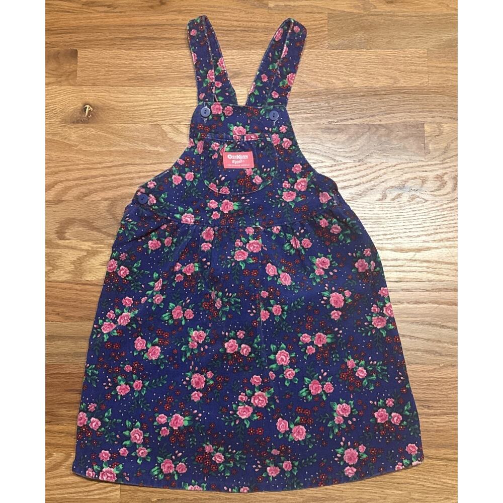 Vintage USA Oshkosh Girls Size 6 Floral Corduroy Overall Vestbac Dress Blue Pink